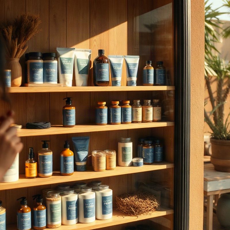 A compact, well-curated product display on shelves with indigo branding accents