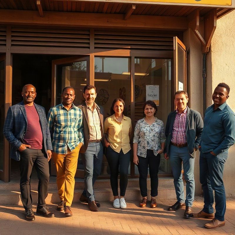 The seven-person Betalstone team standing outside their Kimathi Street shopfront in warm golden light