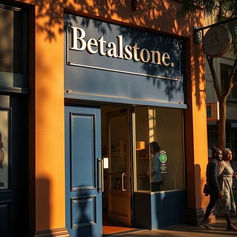 The exterior of Betalstone on Kimathi Street with indigo signage in morning light