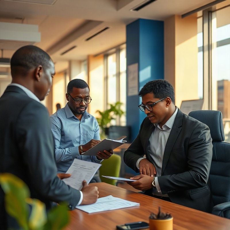 A small professional team discussing a written document in a naturally lit Nairobi office